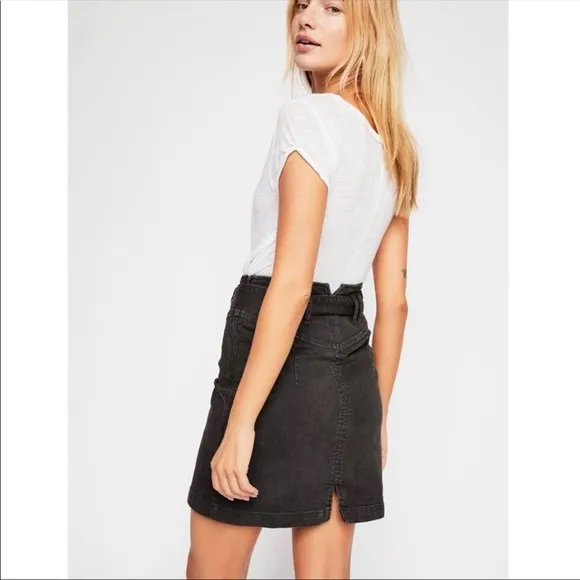 FREE PEOPLE Black Grunge Faded Denim Pencil Mini Skirt 4 Small Belt High Waist