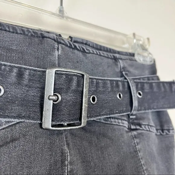 FREE PEOPLE Black Grunge Faded Denim Pencil Mini Skirt 4 Small Belt High Waist
