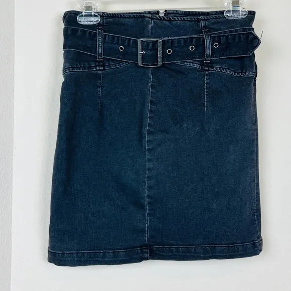 FREE PEOPLE Black Grunge Faded Denim Pencil Mini Skirt 4 Small Belt High Waist