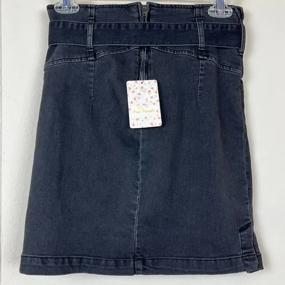 FREE PEOPLE Black Grunge Faded Denim Pencil Mini Skirt 4 Small Belt High Waist
