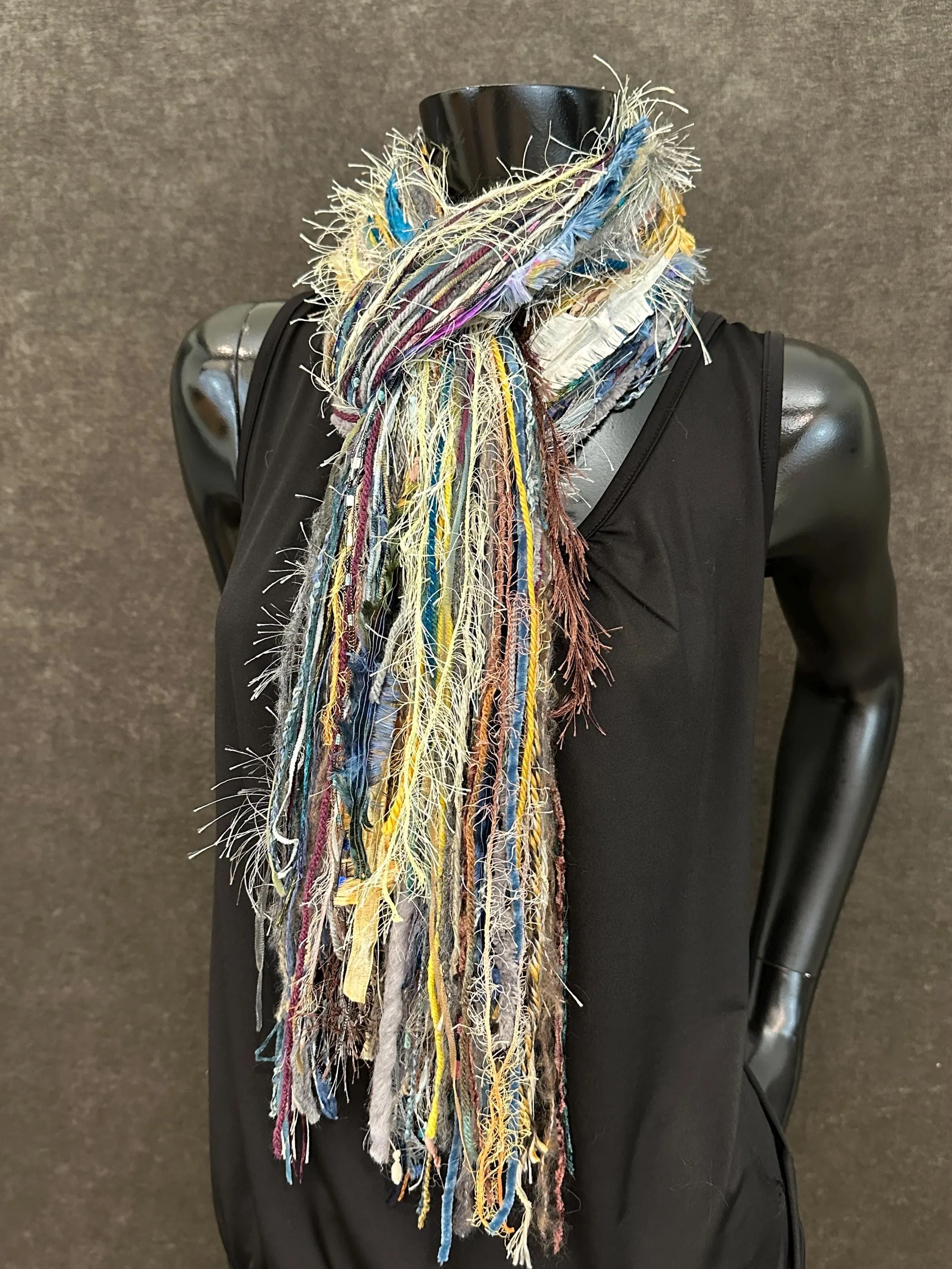 Fringie Yarn Scarf, Ribbon Fringe Scarf, Fringie in aqua beige yellow, funky messy scarf