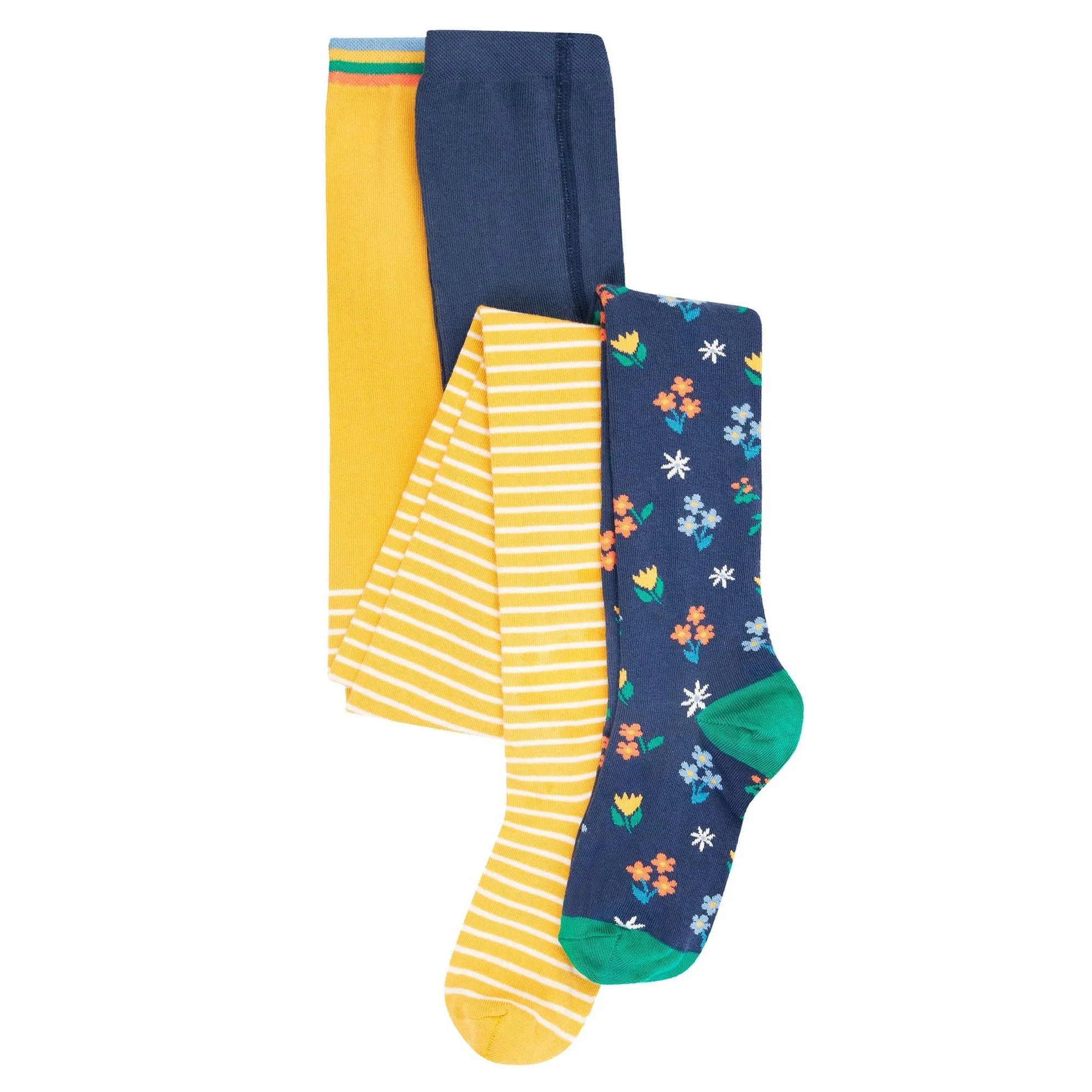 Frugi Norah Infant 2 Pack Tights Yellow Stripe Blue Floral
