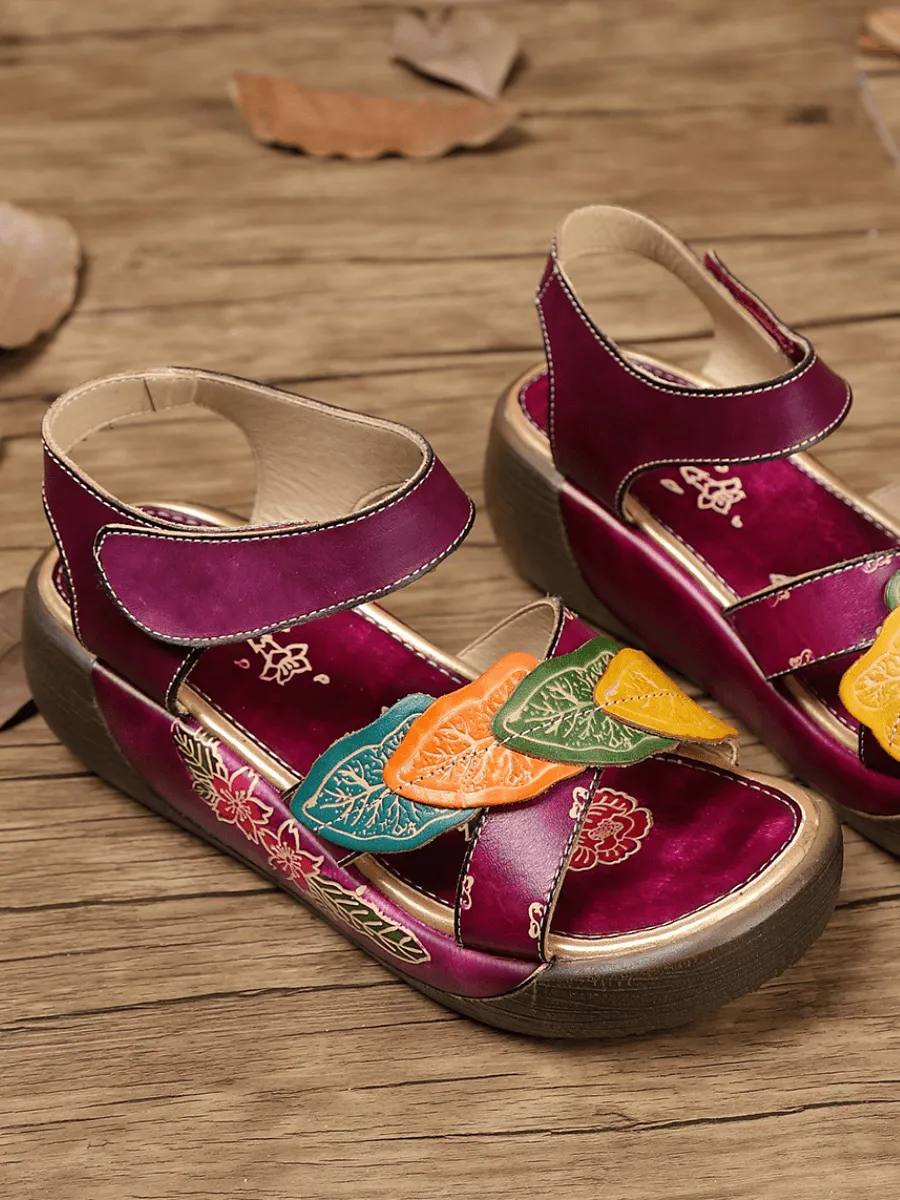 Genuine Leather Floral Applique Platform Ankle Strap Sandal