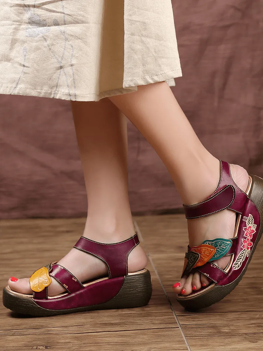 Genuine Leather Floral Applique Platform Ankle Strap Sandal