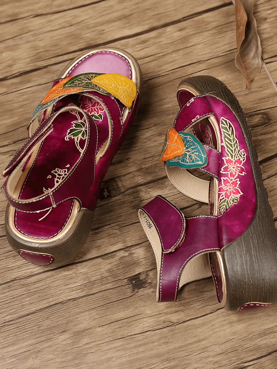 Genuine Leather Floral Applique Platform Ankle Strap Sandal