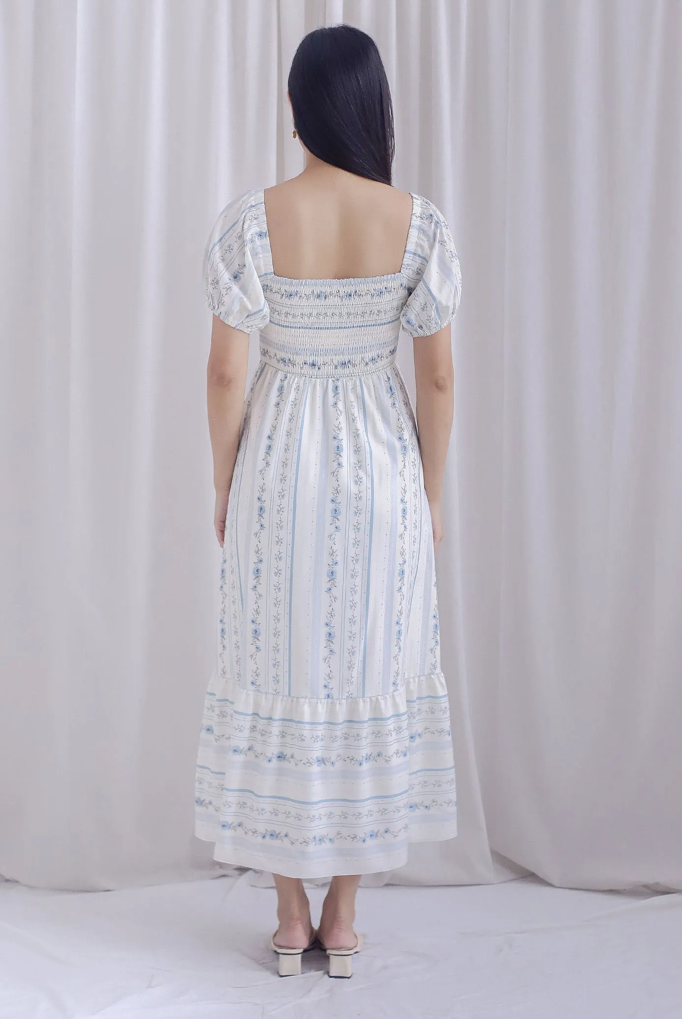 Gianna Smocked Puffy Sleeve Dress In Floral Stripes
