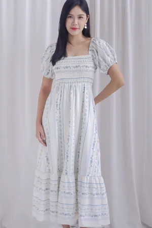 Gianna Smocked Puffy Sleeve Dress In Floral Stripes
