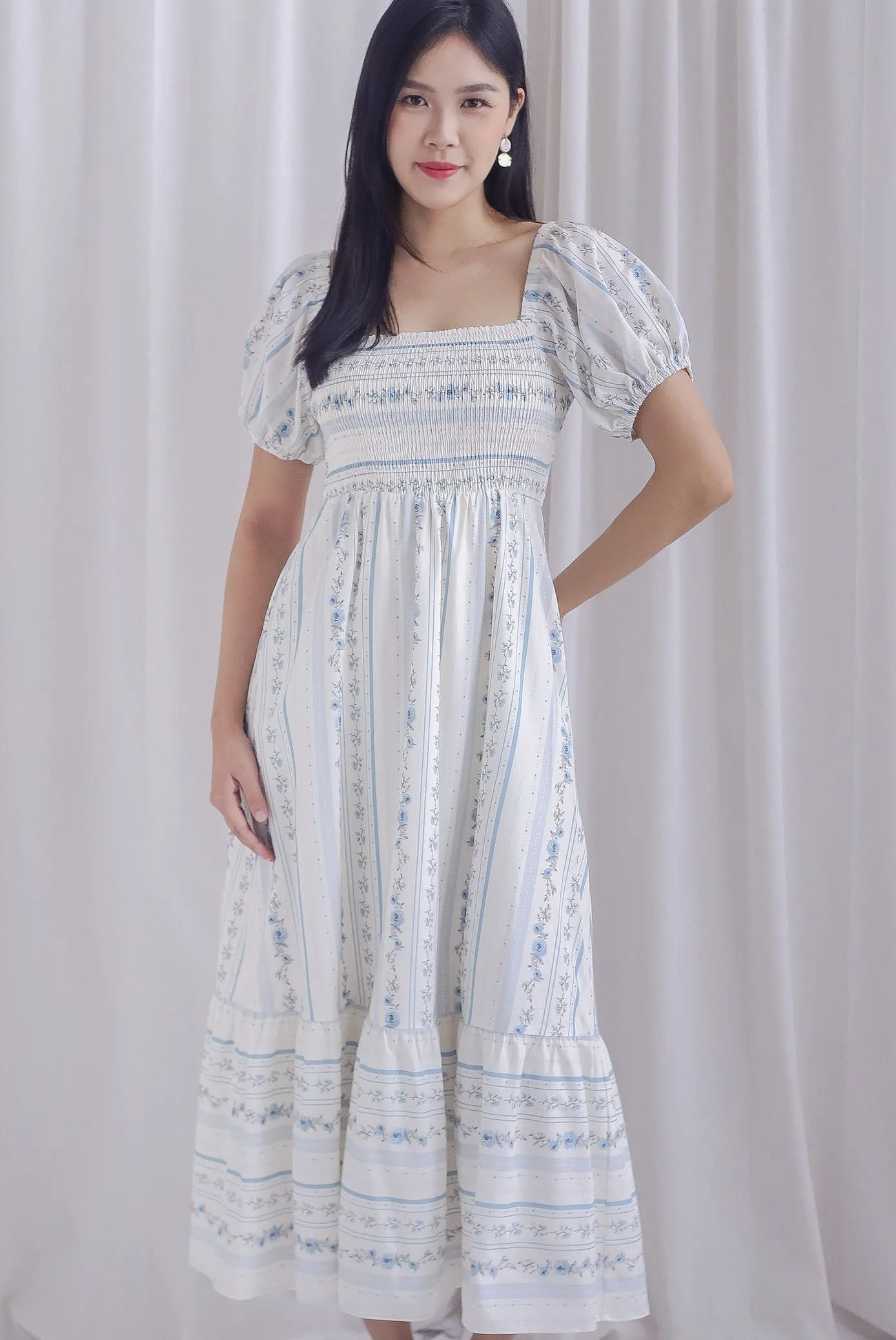 Gianna Smocked Puffy Sleeve Dress In Floral Stripes