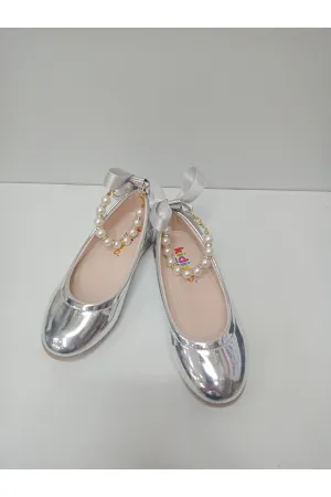GIRLS' PEARL STONES SILVER MIRROR ORTHOPEDIC FLATS