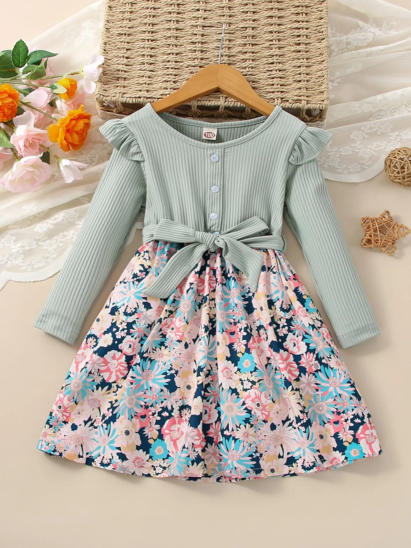 Girls Ruffle Button Flowers Print Splicing Dress - A Chic and Adorable Outfit