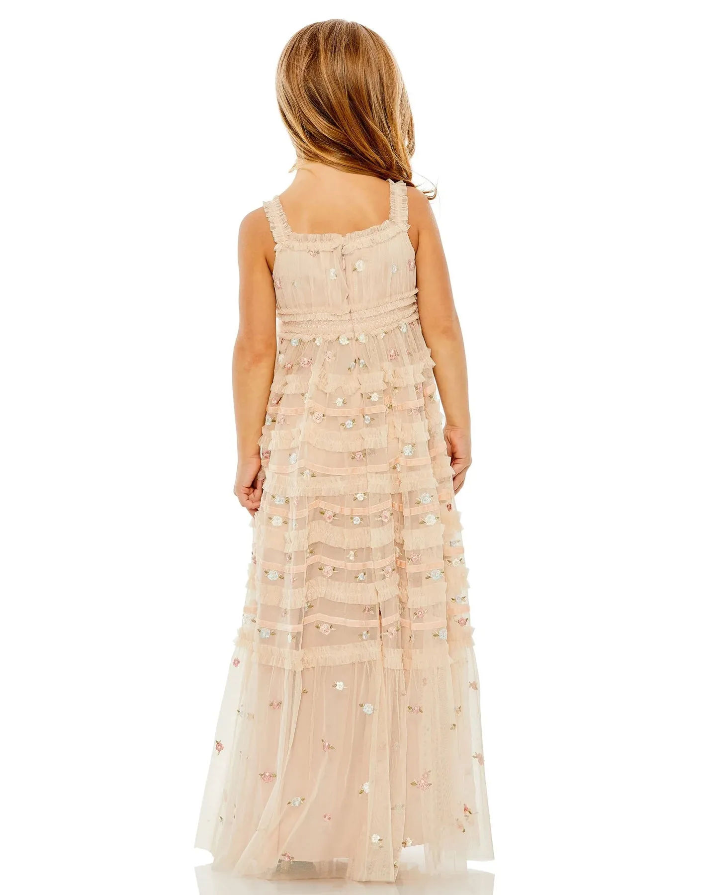 GIRLS SLEEVELESS FLORAL EMBROIDERED TIERED GOWN