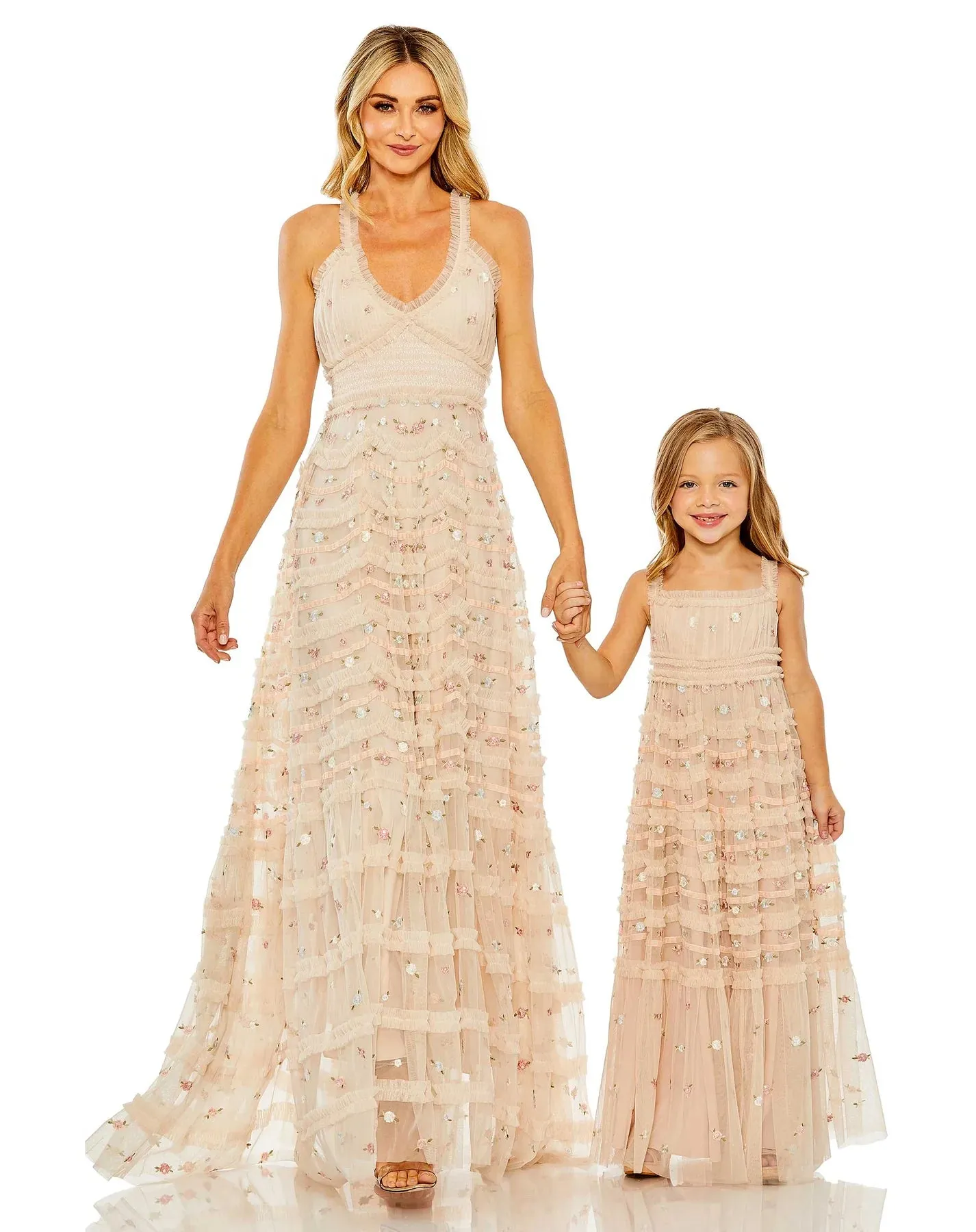 GIRLS SLEEVELESS FLORAL EMBROIDERED TIERED GOWN