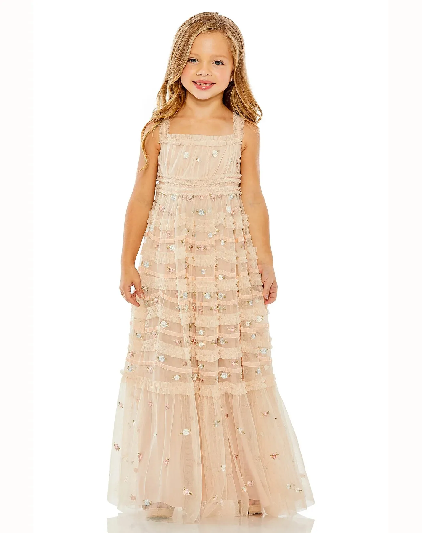 GIRLS SLEEVELESS FLORAL EMBROIDERED TIERED GOWN