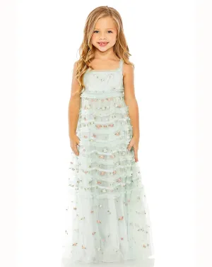 GIRLS SLEEVELESS FLORAL EMBROIDERED TIERED GOWN