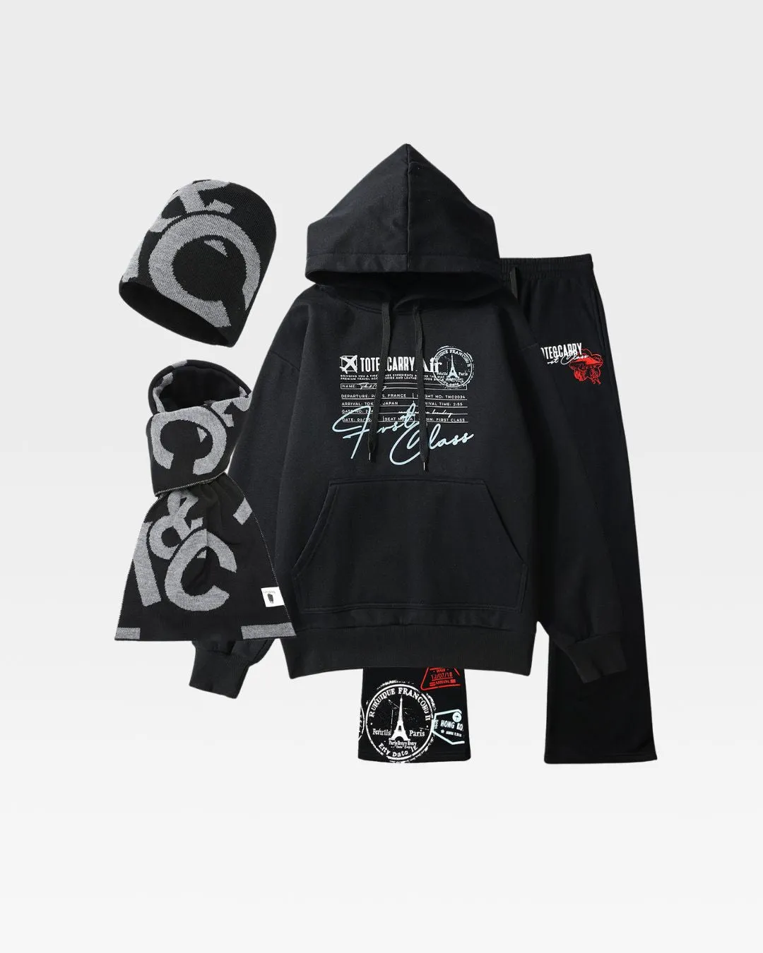Globetrotter Tracksuit & Beanie Scarf Set in Black