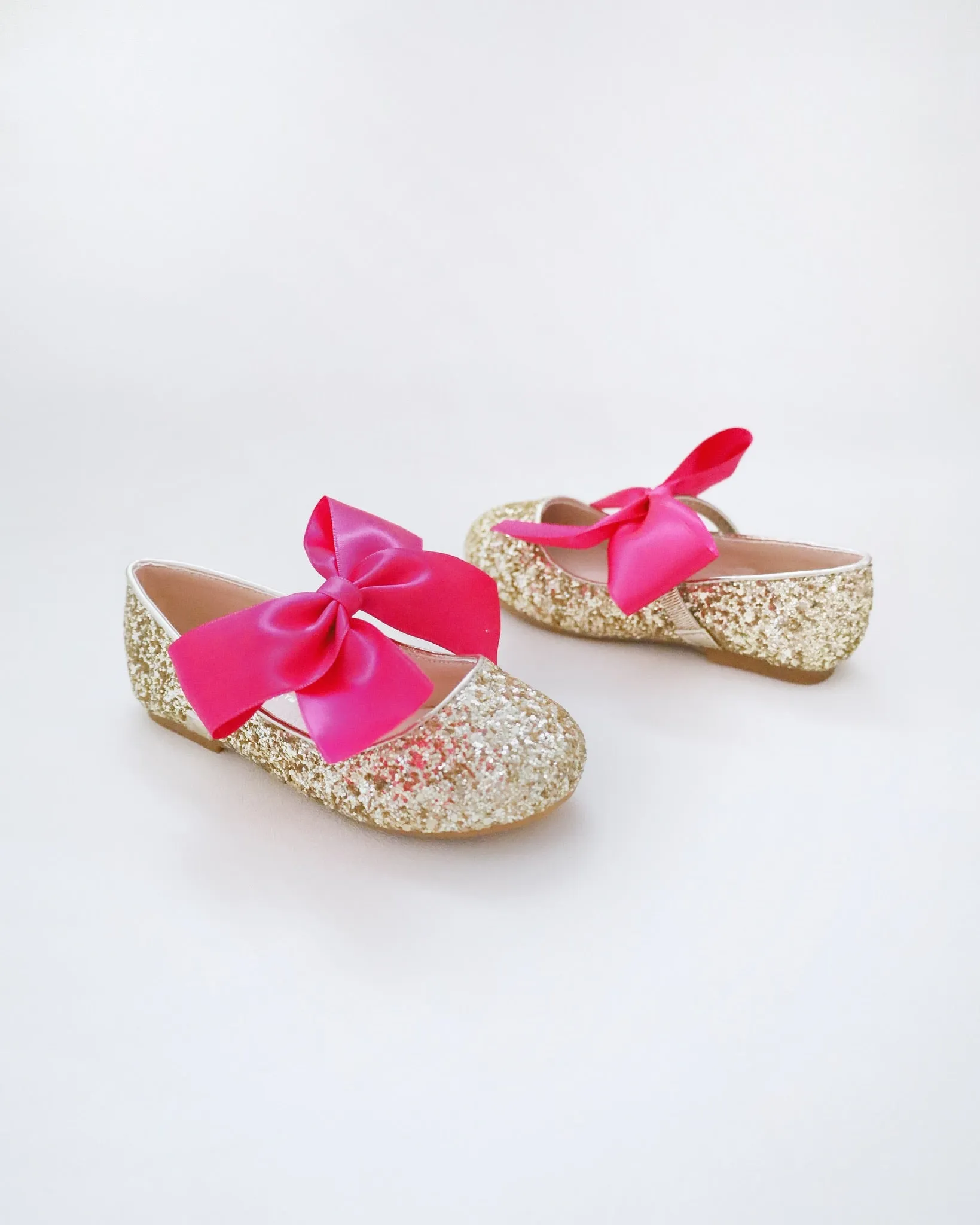 Gold Rock Glitter Mary Jane Flats with Fuchsia Satin Bow