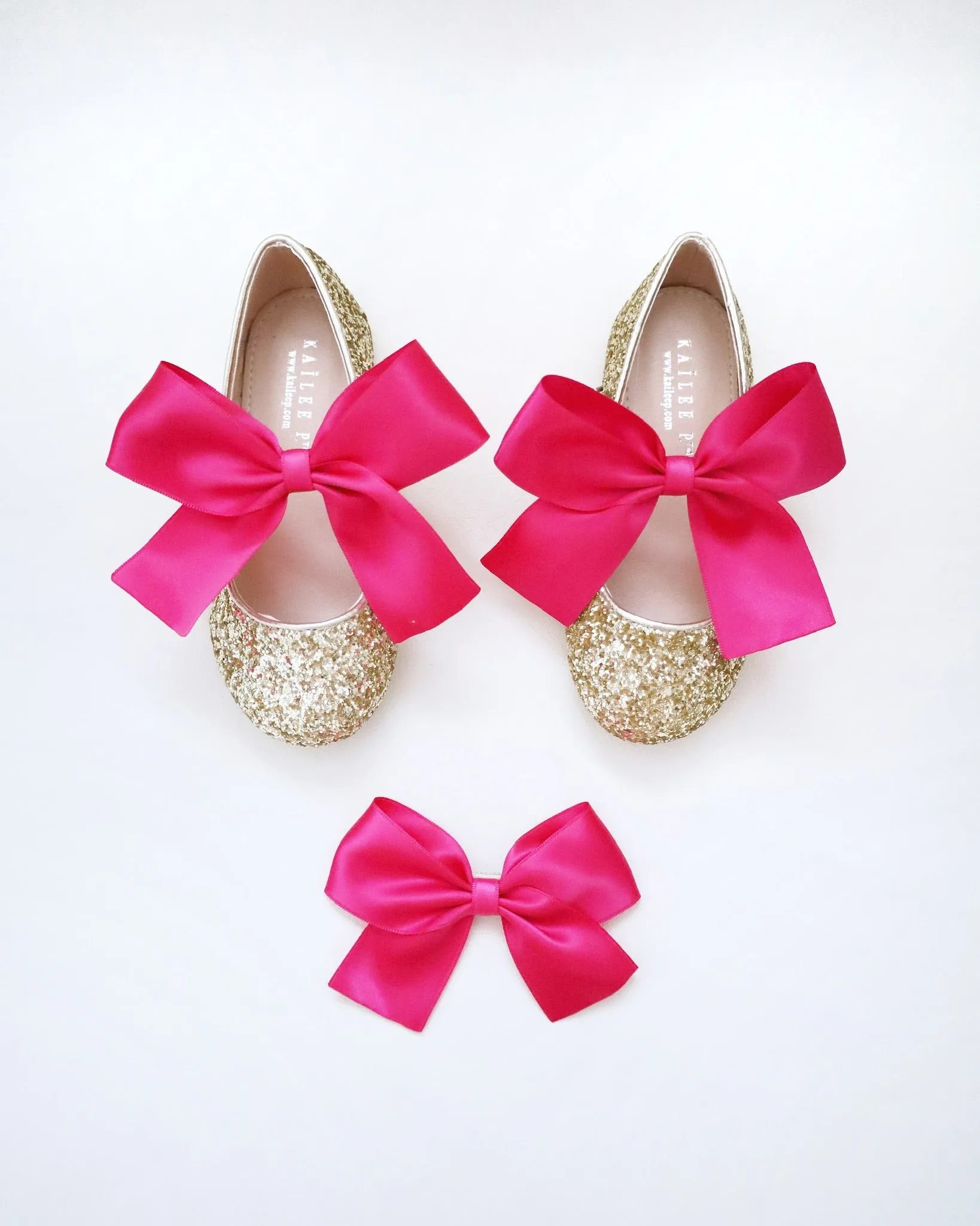 Gold Rock Glitter Mary Jane Flats with Fuchsia Satin Bow
