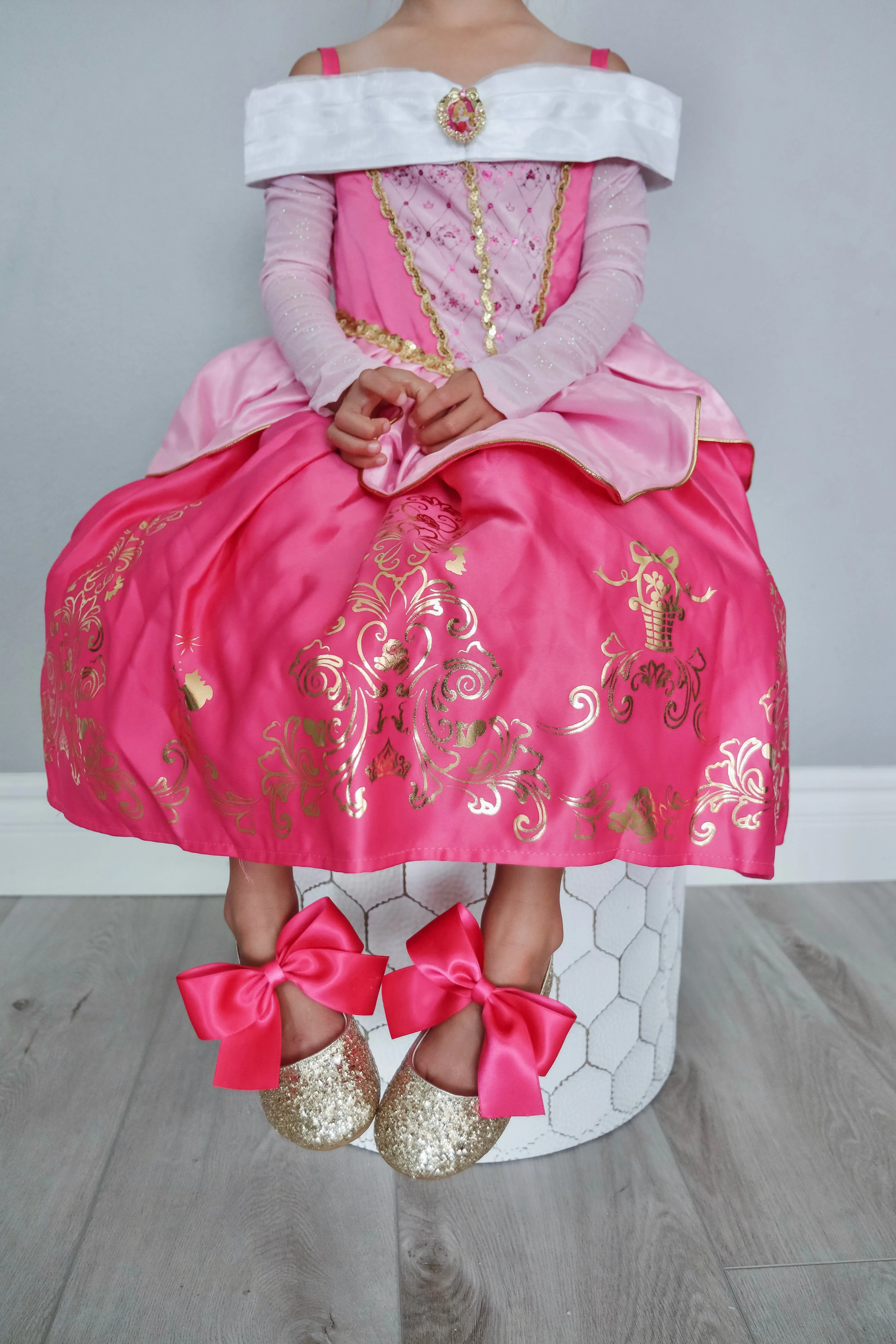 Gold Rock Glitter Mary Jane Flats with Fuchsia Satin Bow