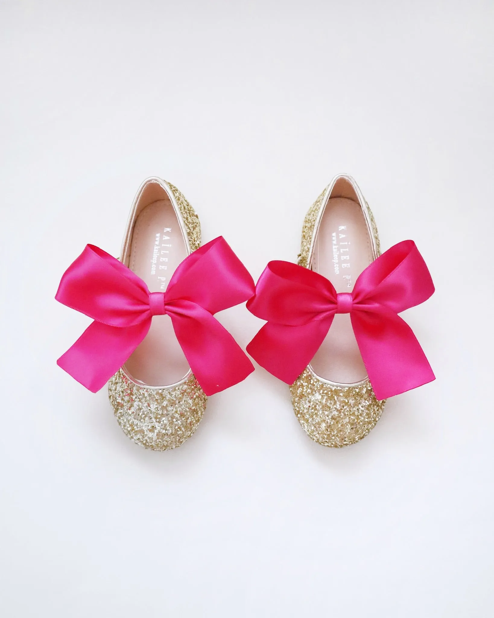 Gold Rock Glitter Mary Jane Flats with Fuchsia Satin Bow