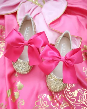 Gold Rock Glitter Mary Jane Flats with Fuchsia Satin Bow