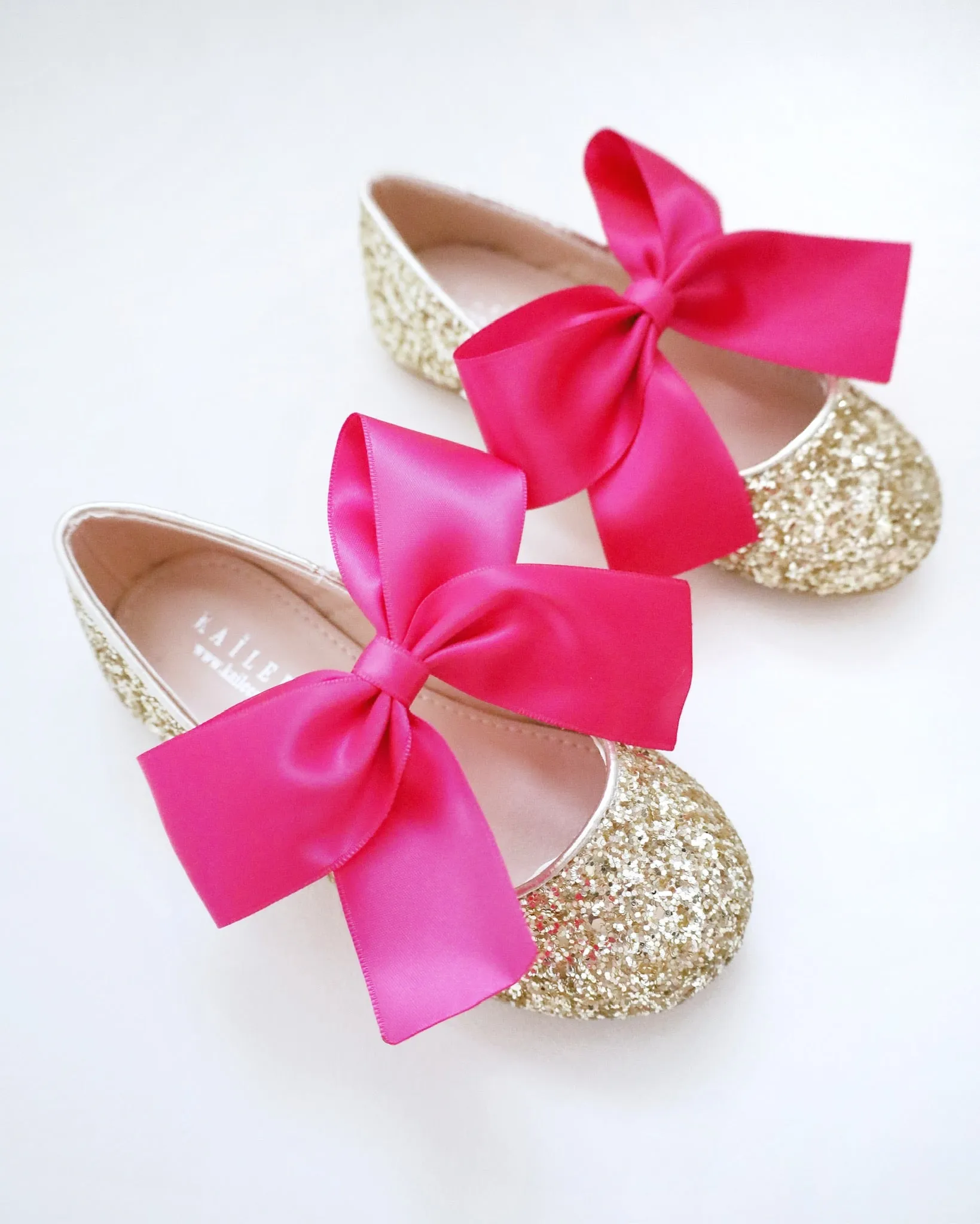 Gold Rock Glitter Mary Jane Flats with Fuchsia Satin Bow