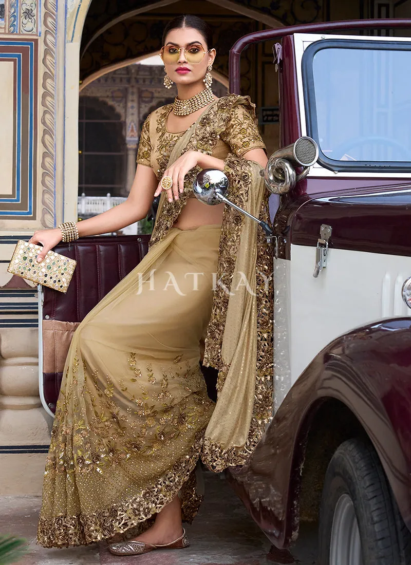 Golden Beige Sequence And Appliqué Embroidery Designer Wedding Saree