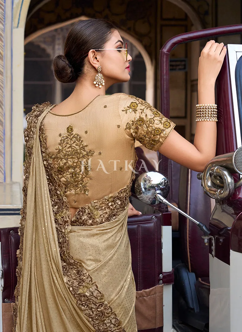 Golden Beige Sequence And Appliqué Embroidery Designer Wedding Saree