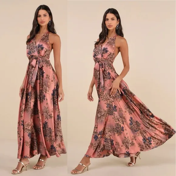 Gorgeous Passion Pink Floral Satin Backless Halter Maxi Dress