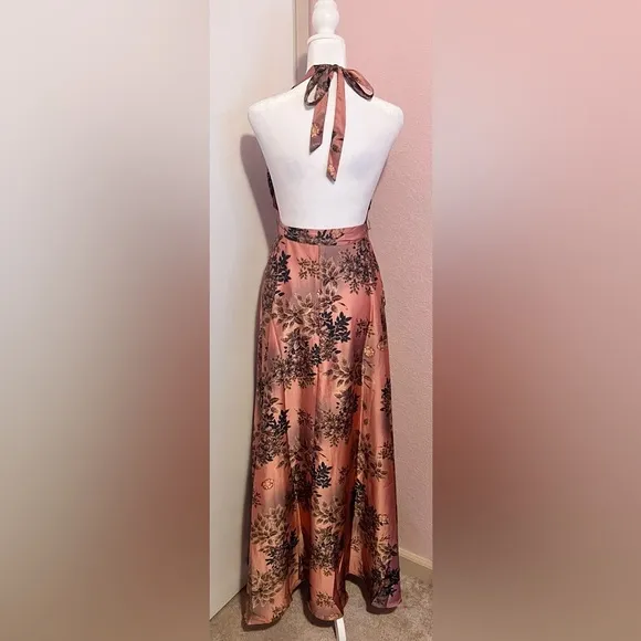 Gorgeous Passion Pink Floral Satin Backless Halter Maxi Dress