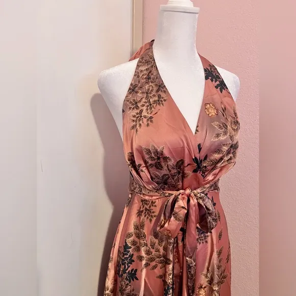 Gorgeous Passion Pink Floral Satin Backless Halter Maxi Dress