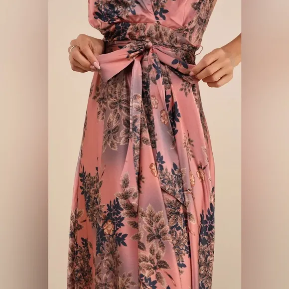Gorgeous Passion Pink Floral Satin Backless Halter Maxi Dress