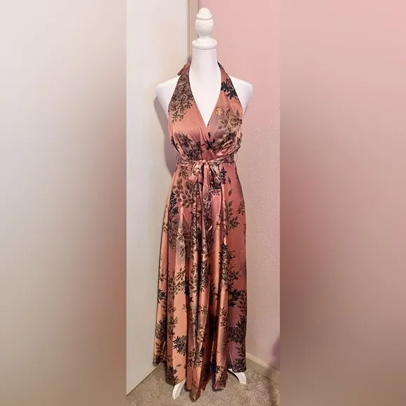 Gorgeous Passion Pink Floral Satin Backless Halter Maxi Dress