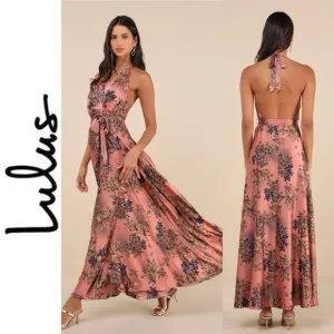 Gorgeous Passion Pink Floral Satin Backless Halter Maxi Dress
