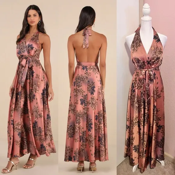 Gorgeous Passion Pink Floral Satin Backless Halter Maxi Dress