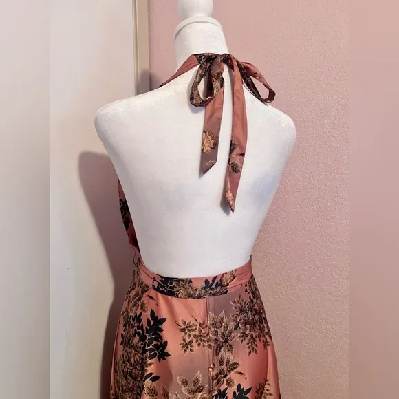 Gorgeous Passion Pink Floral Satin Backless Halter Maxi Dress