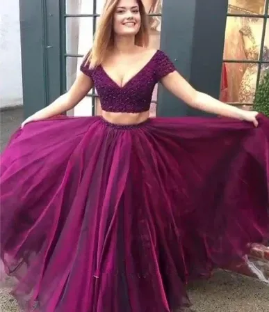 Grape Tulle Beaded Two Piece Prom Dresses, Grape 2 Pieces Long Formal Evening Dresses