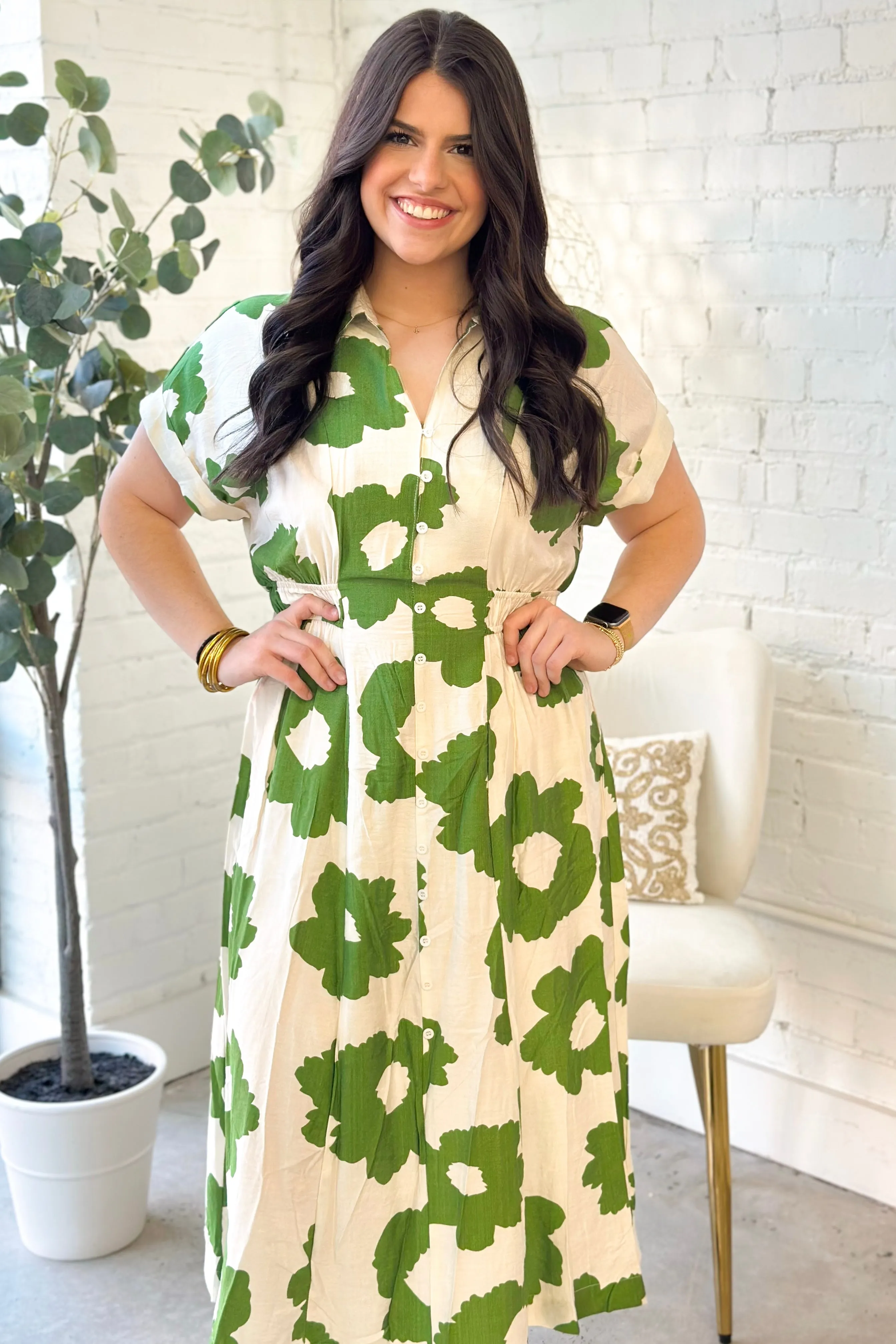 Green Mix Floral Button Front Dress