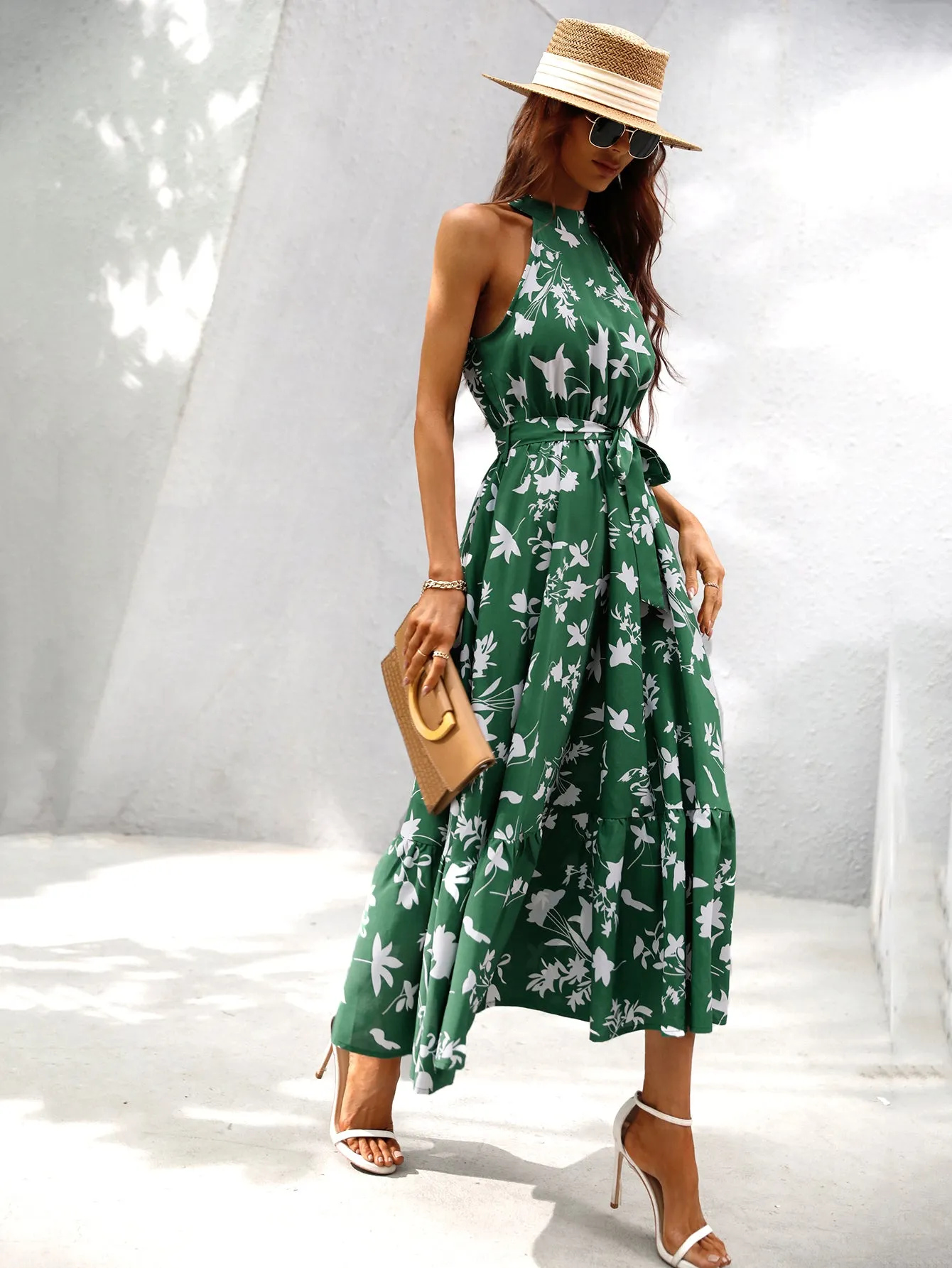 Green Racer Neck Tiered Fit And Flare Dress