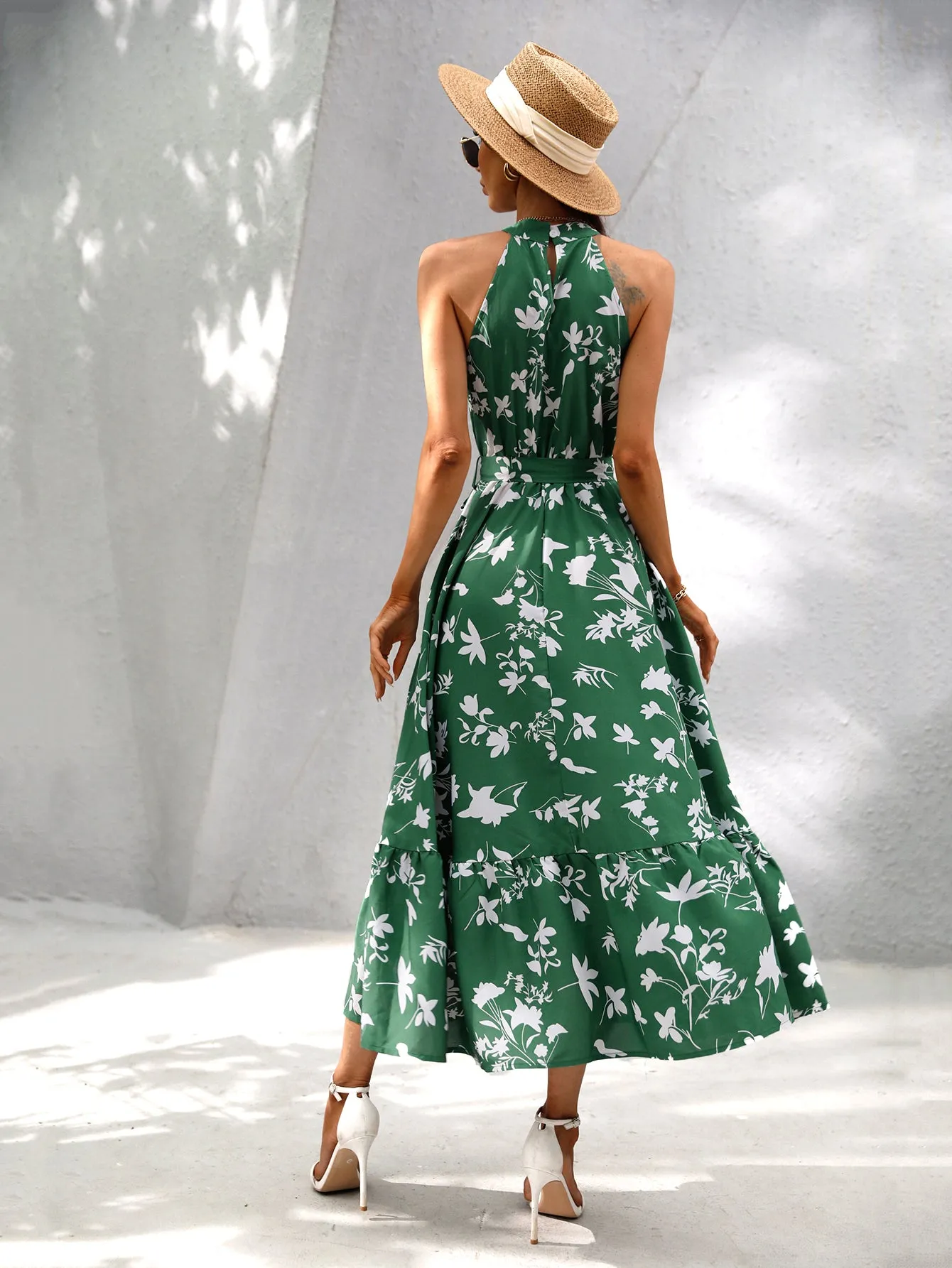 Green Racer Neck Tiered Fit And Flare Dress