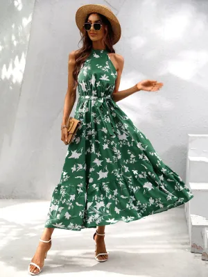 Green Racer Neck Tiered Fit And Flare Dress