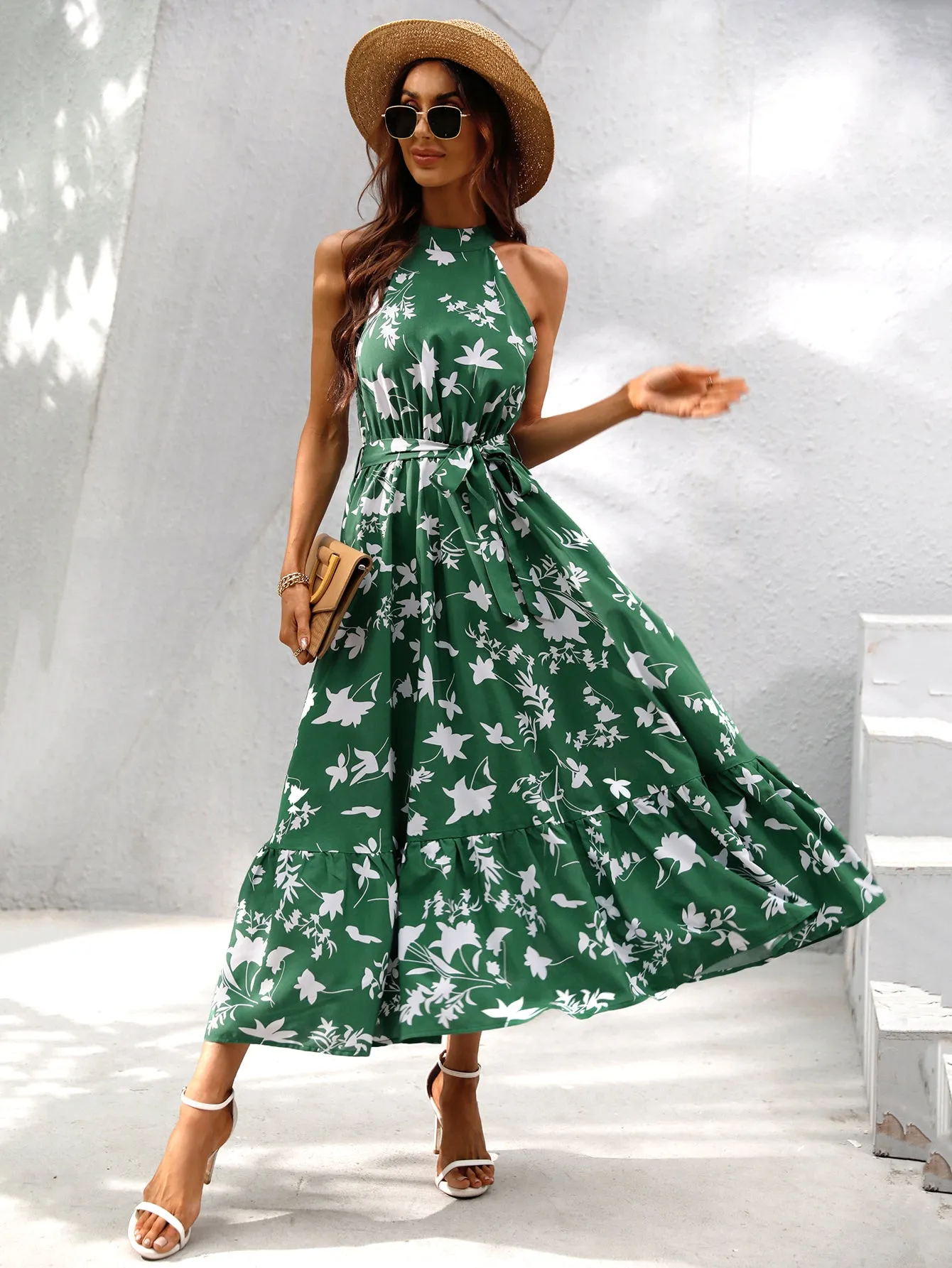 Green Racer Neck Tiered Fit And Flare Dress