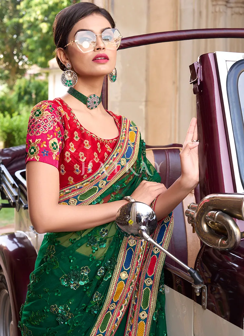 Green Sequence And Appliqué Embroidery Designer Wedding Saree