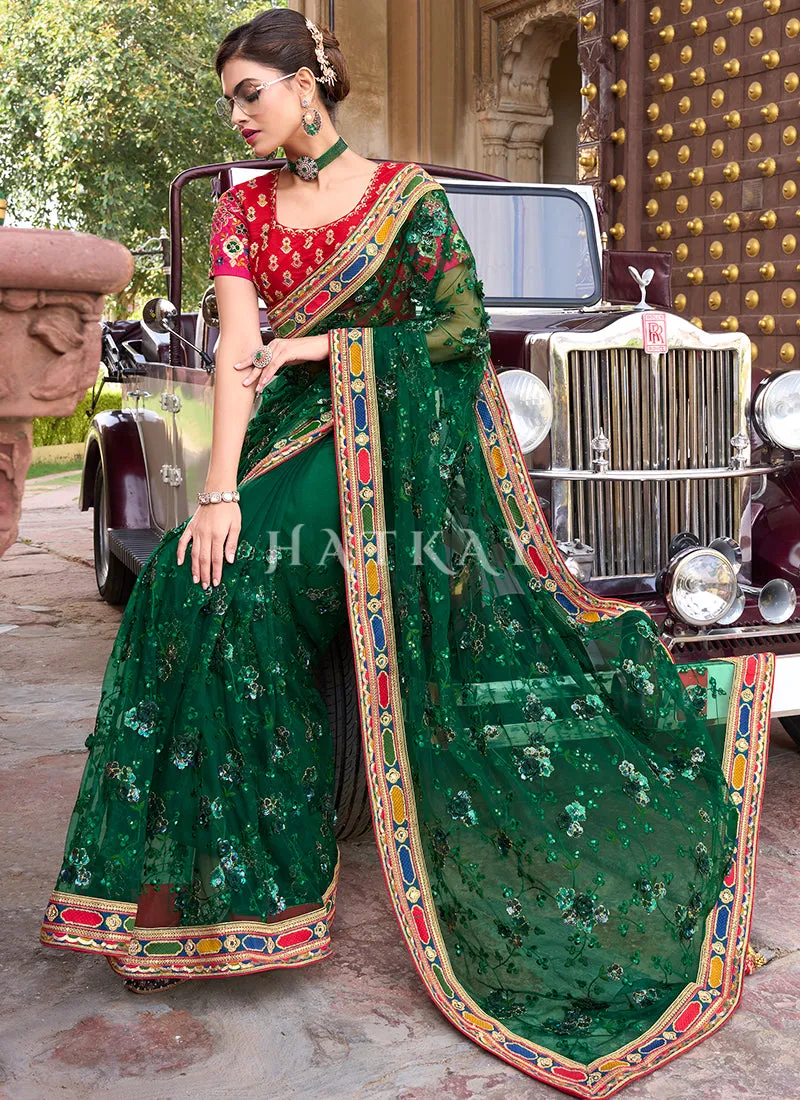 Green Sequence And Appliqué Embroidery Designer Wedding Saree