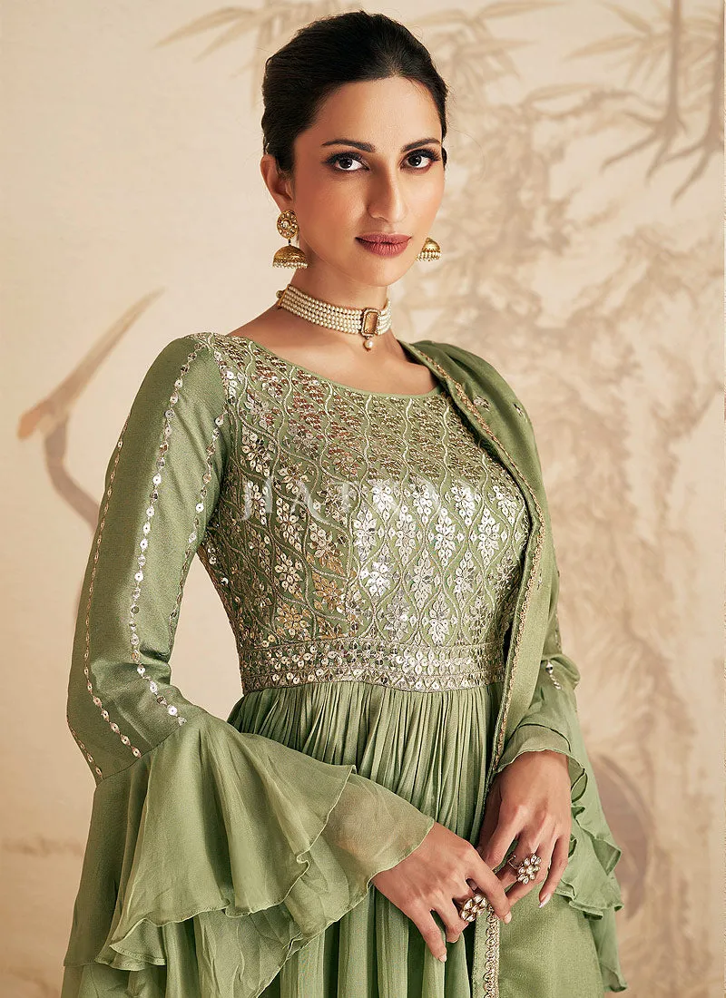 Green Sequence Embroidery Gharara Suit