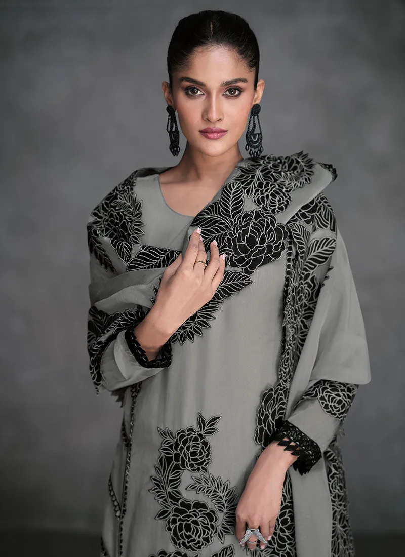Grey Thread Embroidery Organza Silk Pant Style Suit