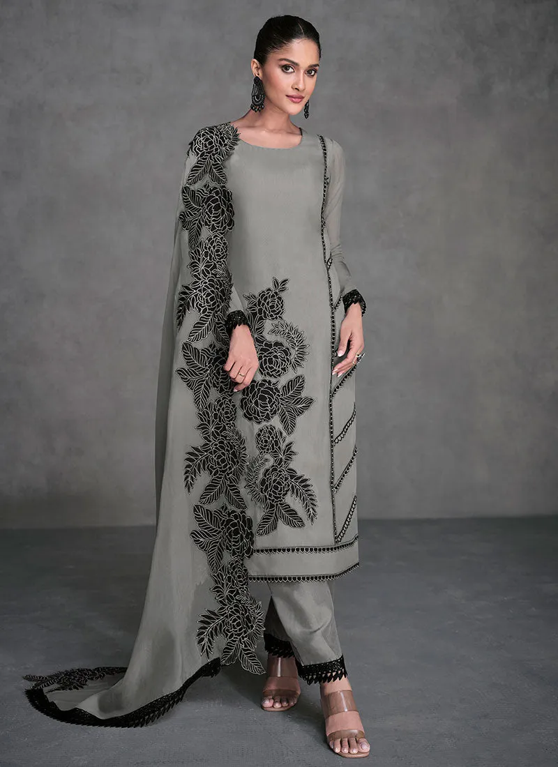 Grey Thread Embroidery Organza Silk Pant Style Suit