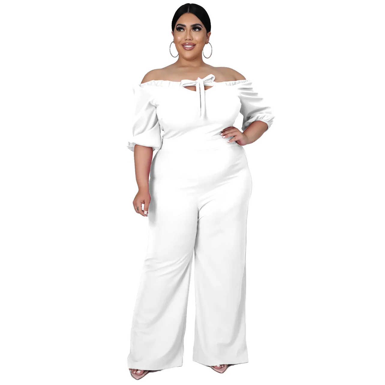 Hailey Plus Size Off-Shoulder Tie Front Wide-Leg Jumpsuit