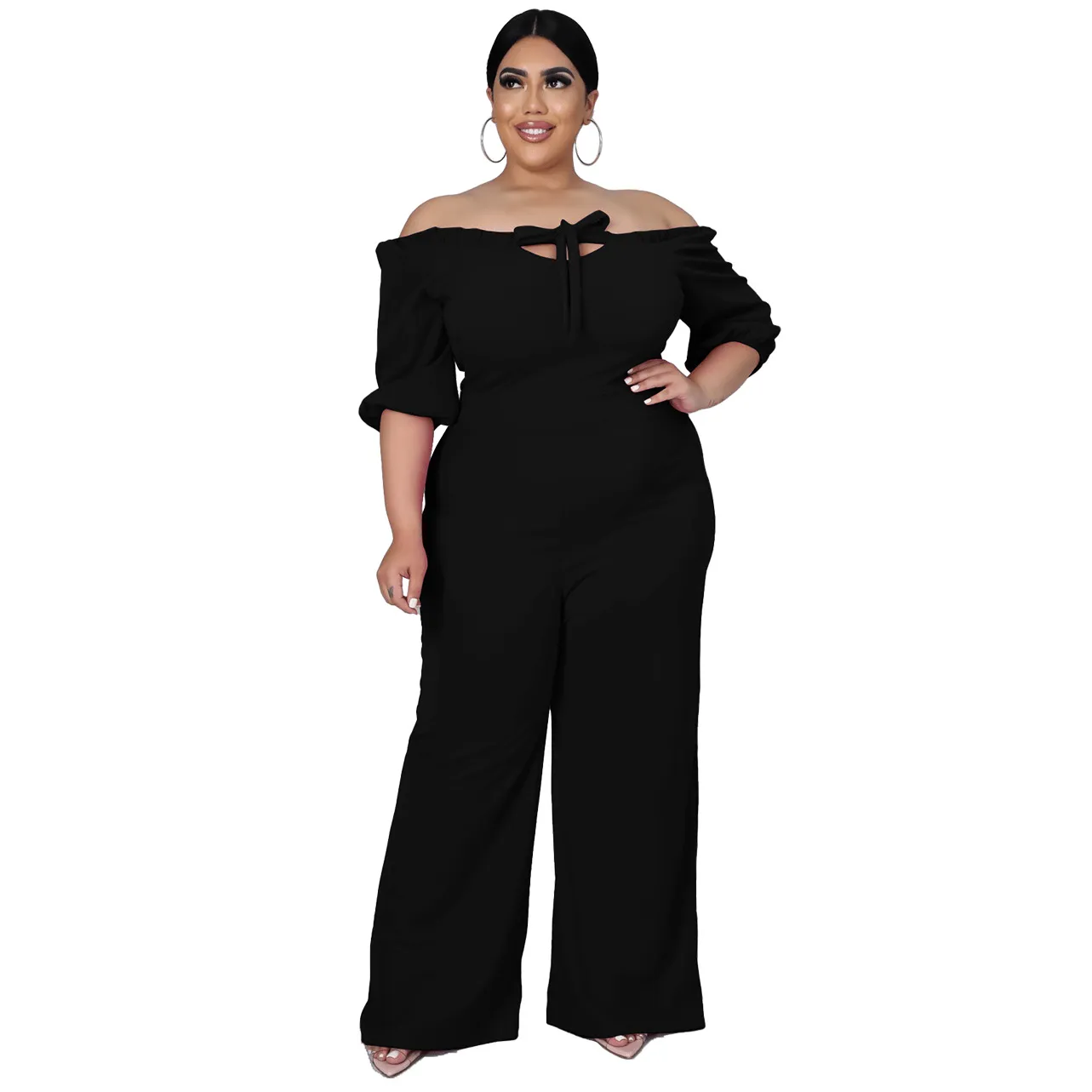 Hailey Plus Size Off-Shoulder Tie Front Wide-Leg Jumpsuit
