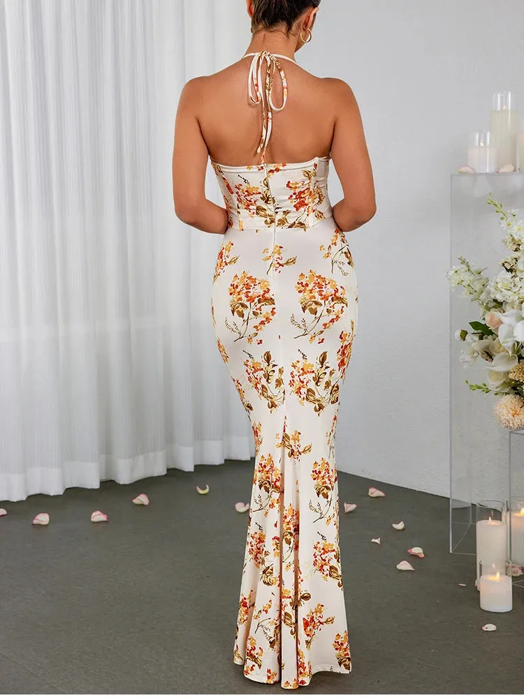Halter Floral Backless Bodycon Maxi Dress