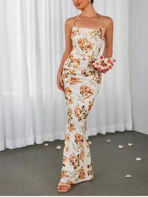 Halter Floral Backless Bodycon Maxi Dress